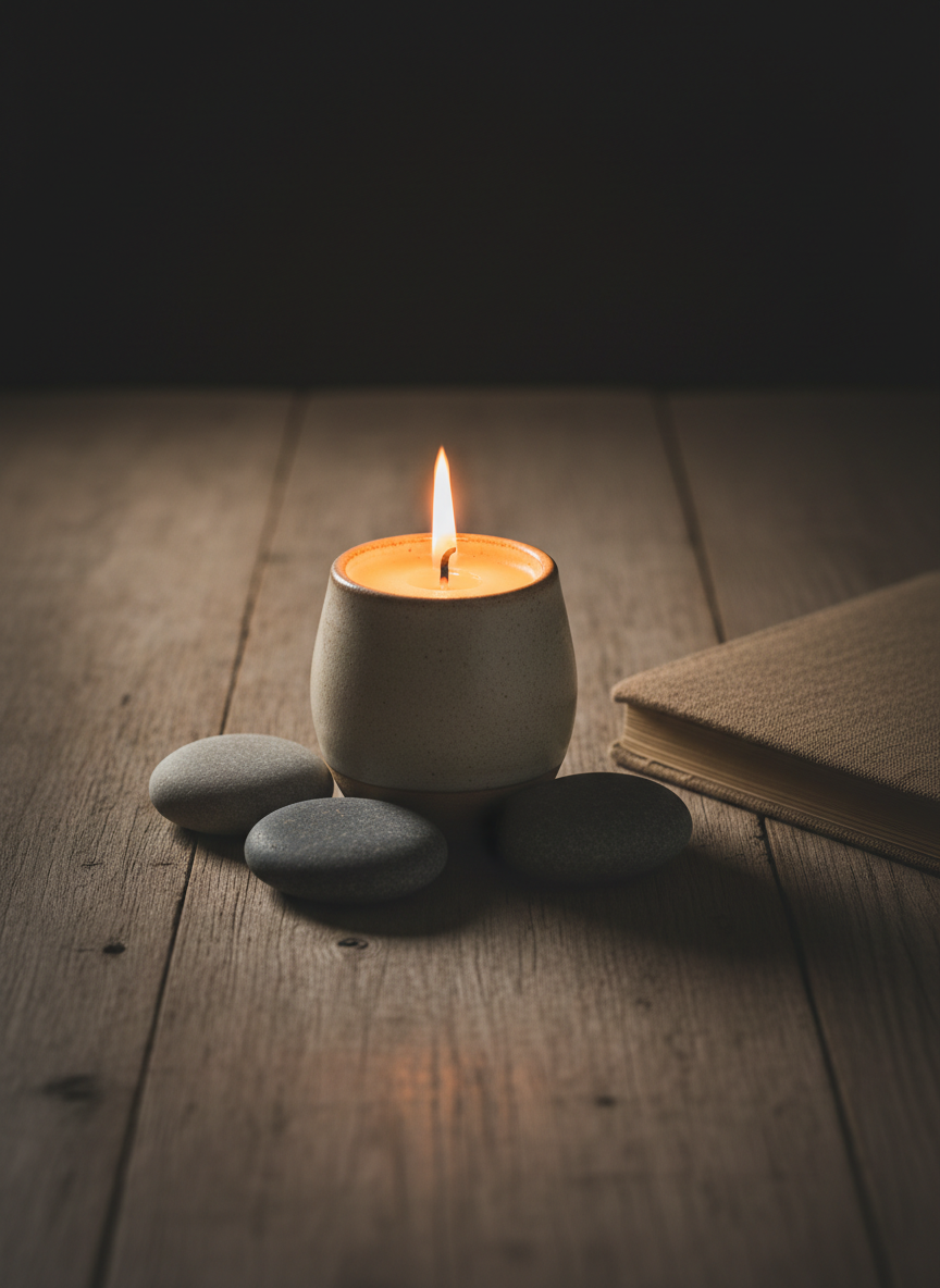 A simple still life of a single lit beeswax candle in a matte ceramic holder, placed at the center of a bare wooden tabletop with a subtle, natural texture. Around it lie three carefully arranged smooth river stones in different gray tones and a closed, cloth-bound journal in earthy brown. The only illumination comes from the candle’s warm, flickering flame, creating soft, intimate pools of light and gentle, deep shadows that recede into a barely visible dark background. Shot in photographic realism with a centered, symmetrical composition and shallow depth of field, the mood is serene, introspective, and subtly spiritual, ideal for a blog on interioritat and quiet reflection.